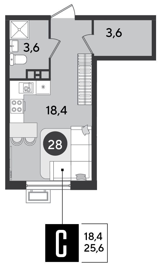 Студия, 25.6 м² · Парк Победы-2
