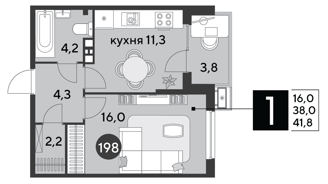 1-к, 41.8 м² · Парк Победы-2