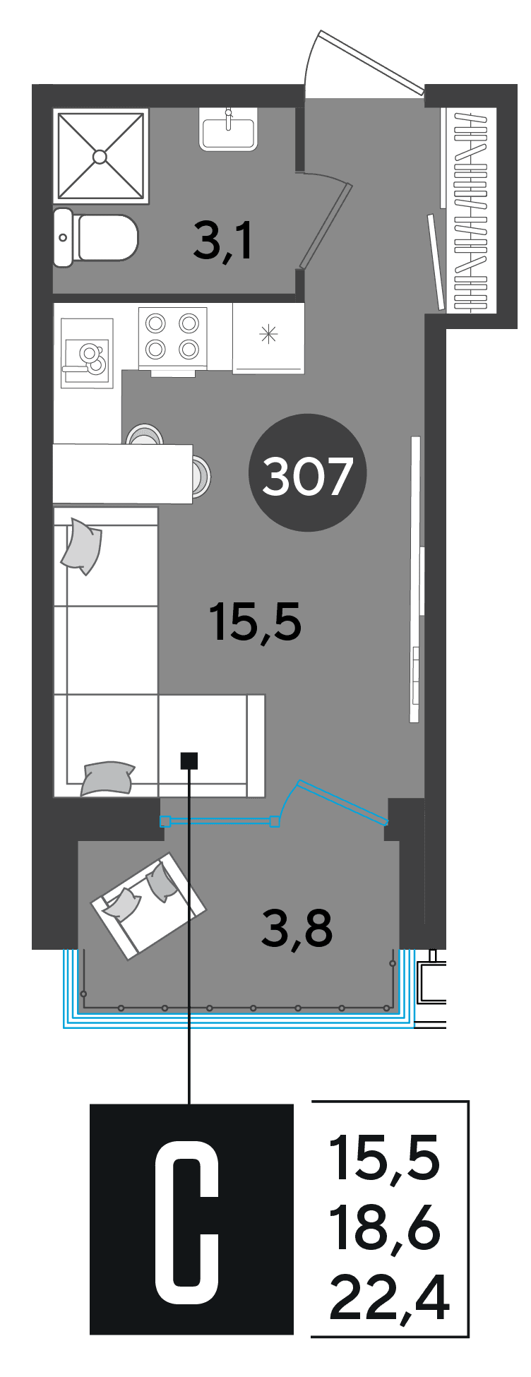 Студия, 22.4 м² · Парк Победы-2