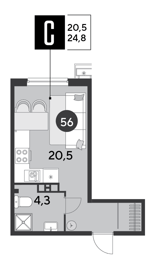 Студия, 24.8 м² · Парк Победы-2