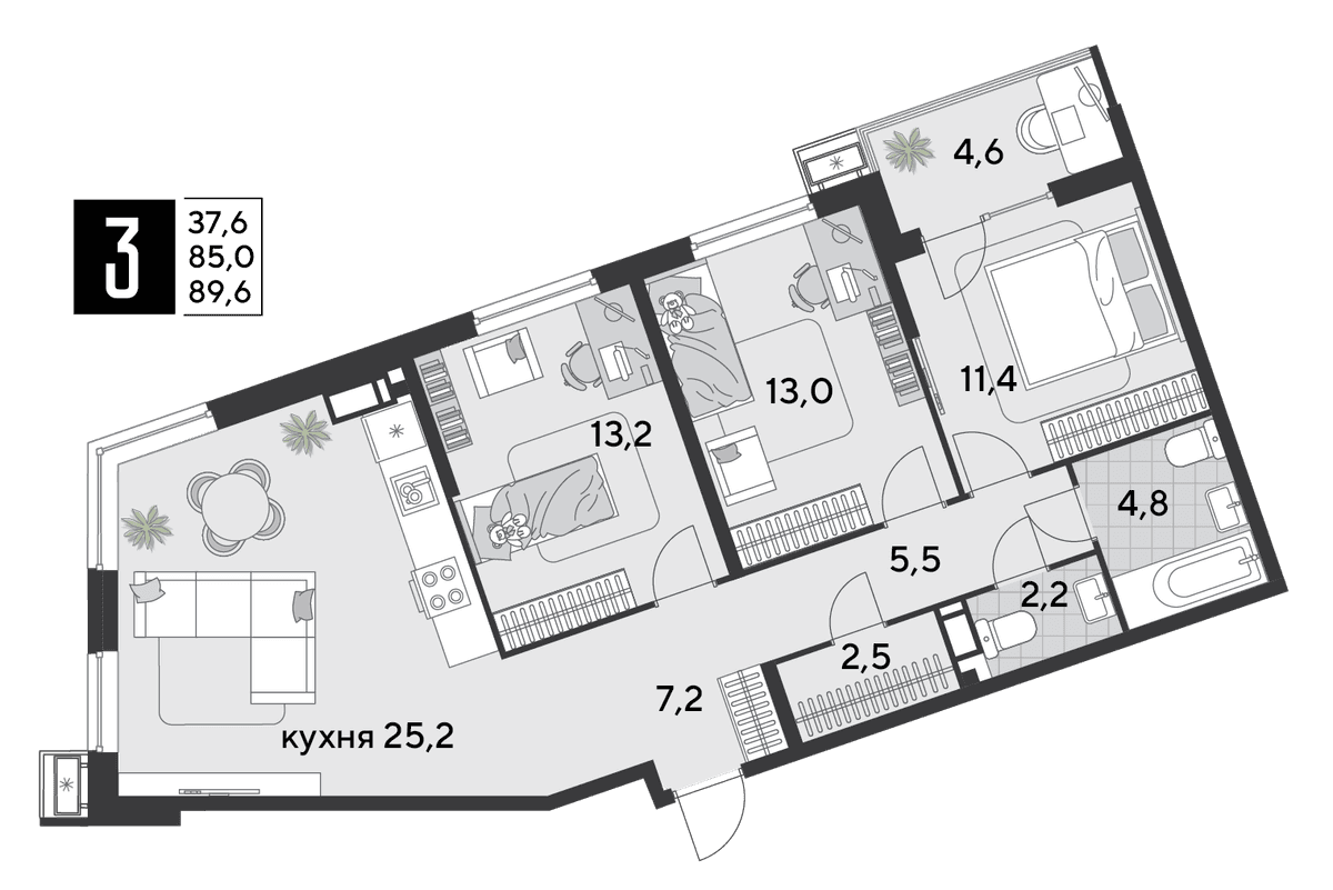 3-к, 91.2 м² · Парк Победы-2