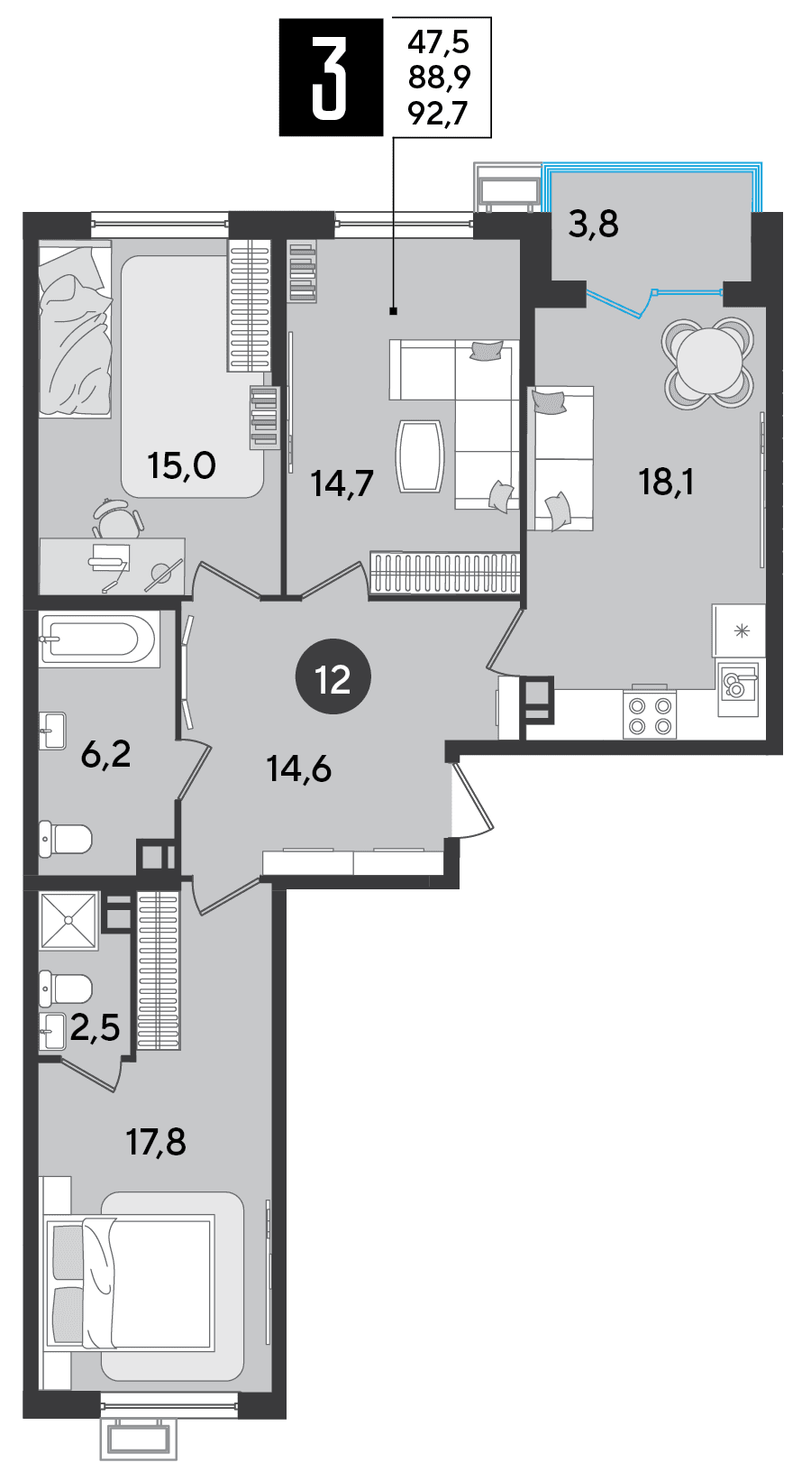 3-к, 92.7 м² · Парк Победы-2