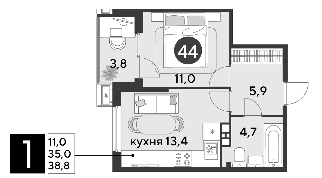 1-к, 38.8 м² · Парк Победы-2