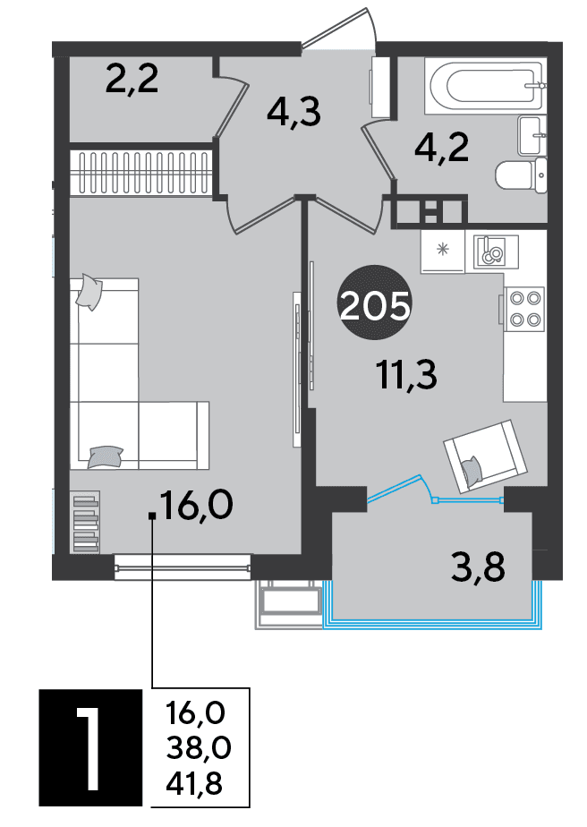 1-к, 41.8 м² · Парк Победы-2