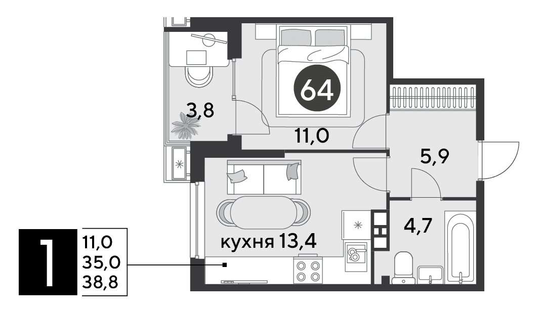1-к, 38.8 м² · Парк Победы-2