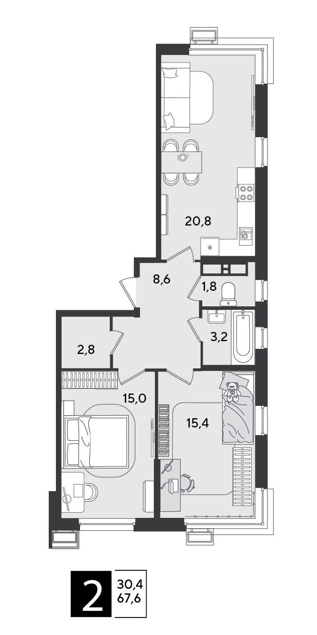 2-к, 67.6 м² · Парк Победы-2