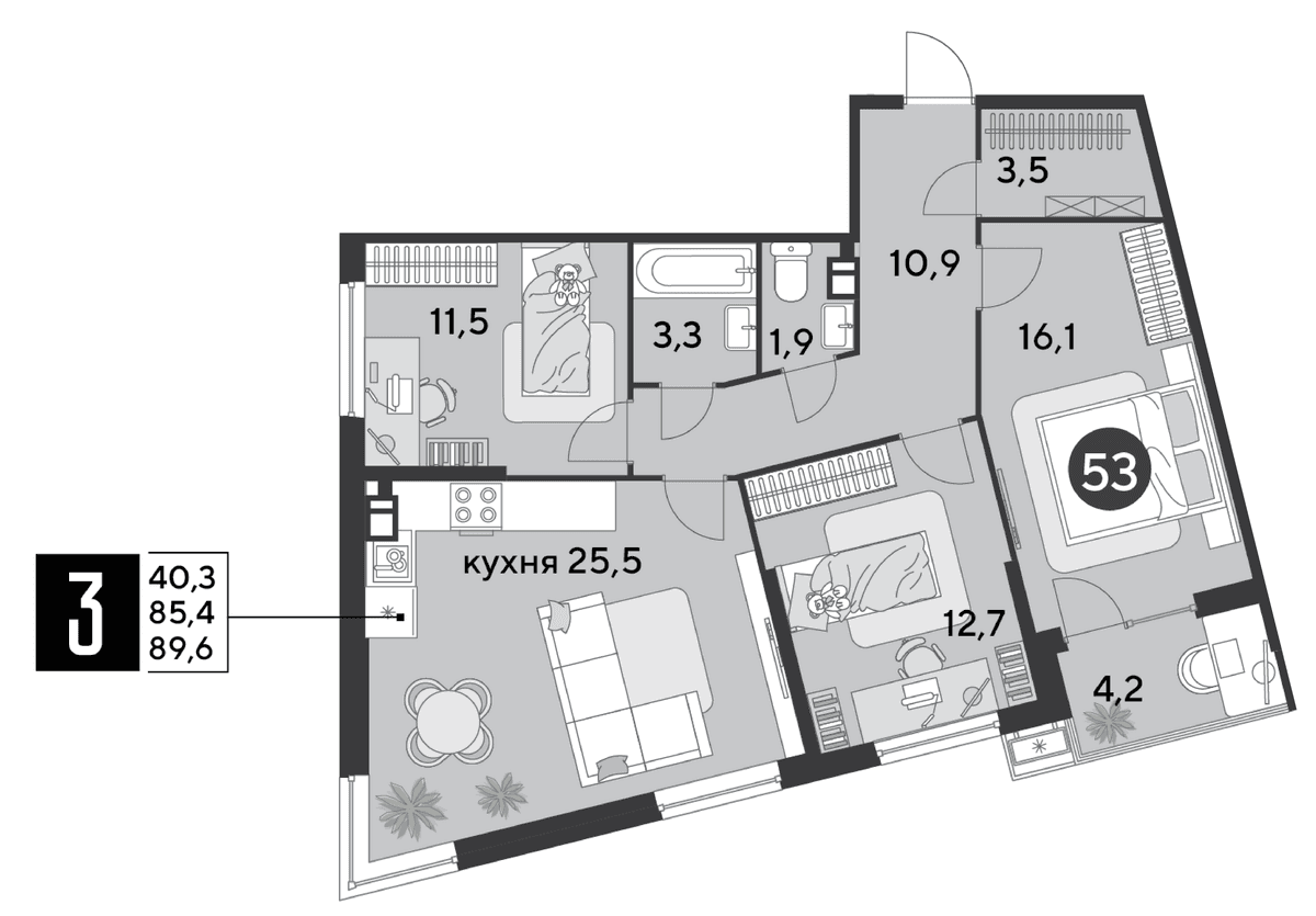 3-к, 89.6 м² · Парк Победы-2