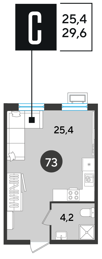 Студия, 29.6 м² · Парк Победы-2