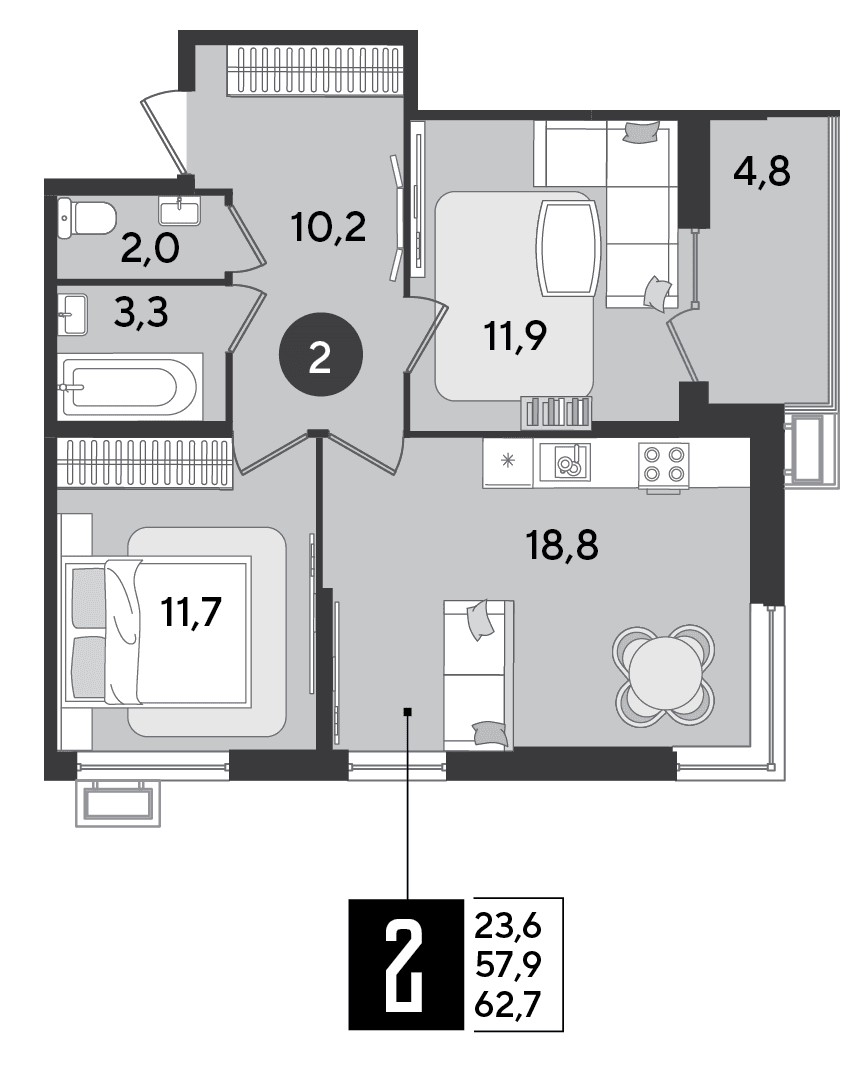 2-к, 62.7 м² · Парк Победы-2