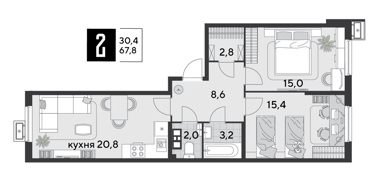 2-к, 67.8 м² · Парк Победы-2