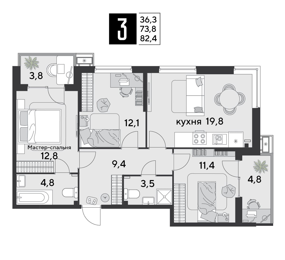 3-к, 82.4 м² · Парк Победы-2
