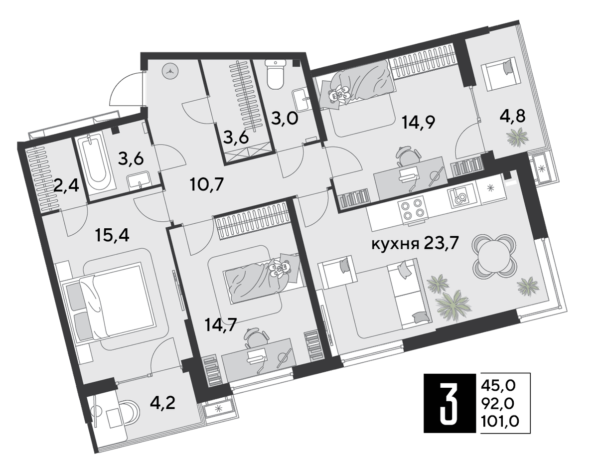 3-к, 100.9 м² · Парк Победы-2