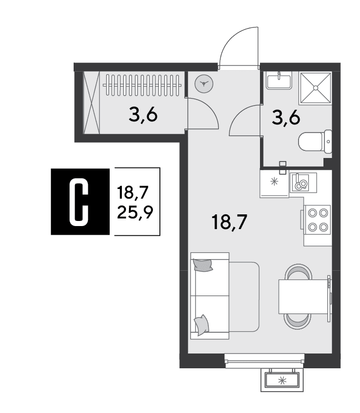 Студия, 25.9 м² · Парк Победы-2