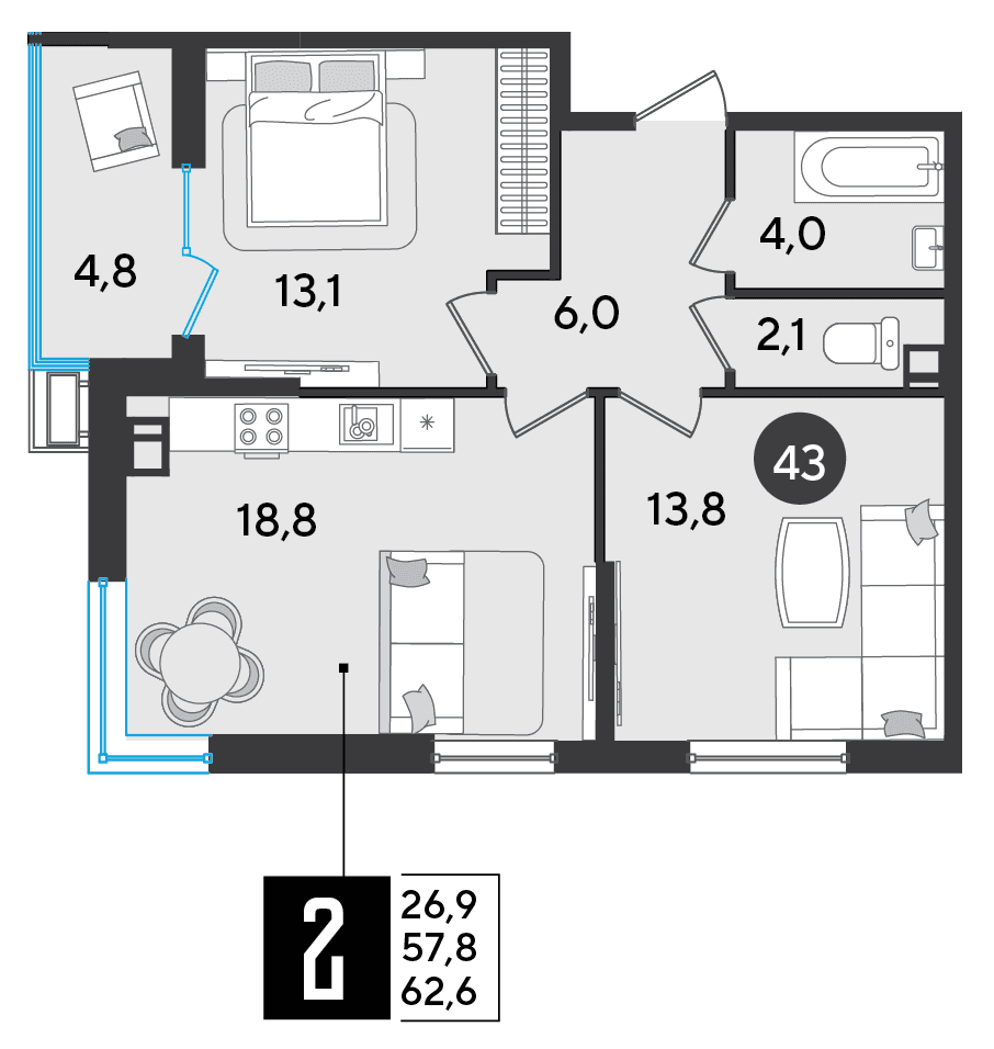 2-к, 62.6 м² · Парк Победы-2