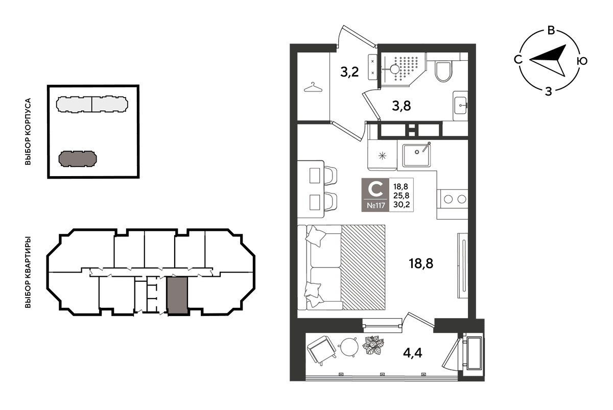 Студия, 29.8 м² · Рекорд 2