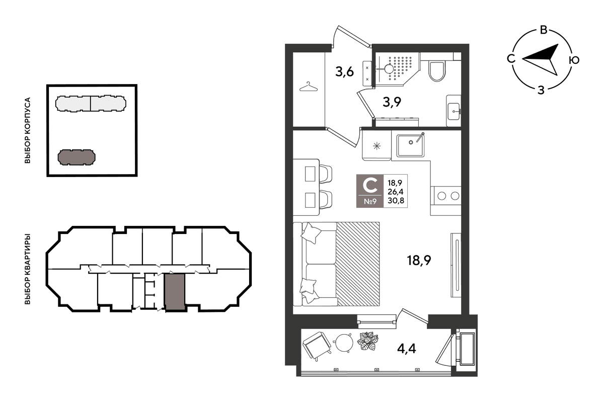 Студия, 30.3 м² · Рекорд 2