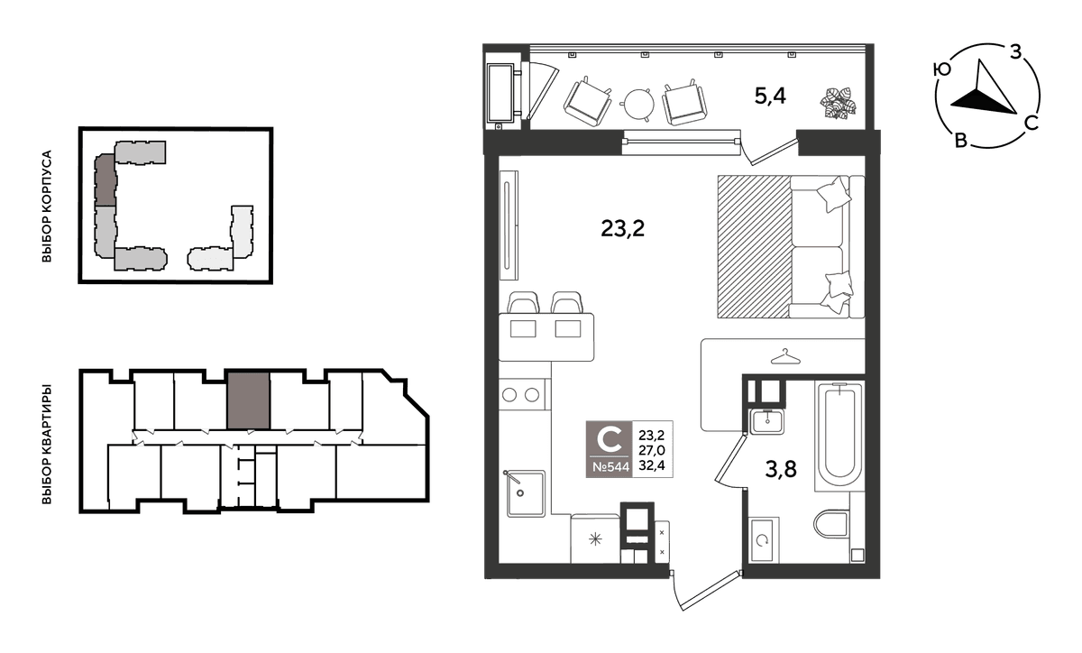 Студия, 32.4 м² · Рекорд 2