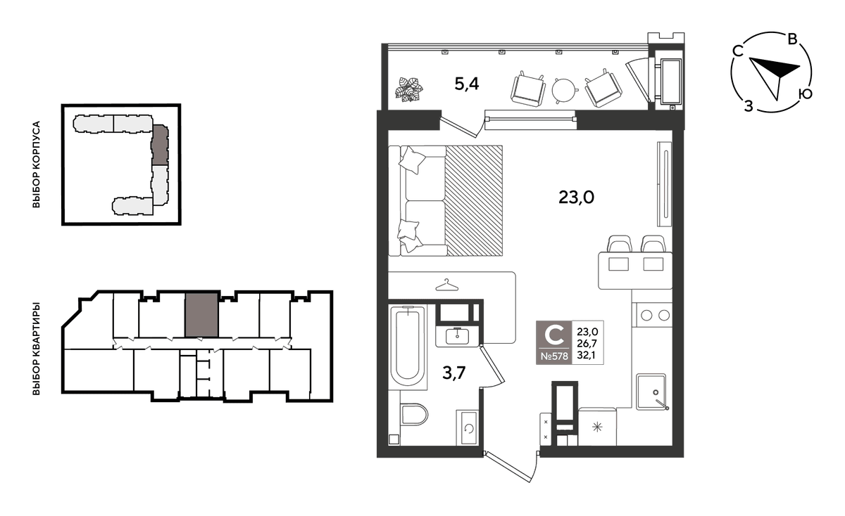 Студия, 31.6 м² · Рекорд 2