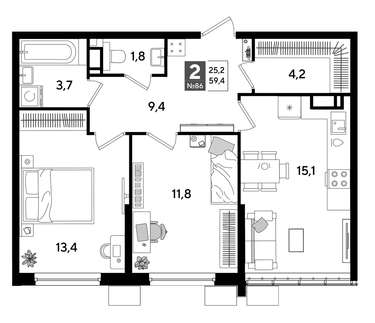 2-к, 58.8 м² · DОГМА ПАРК