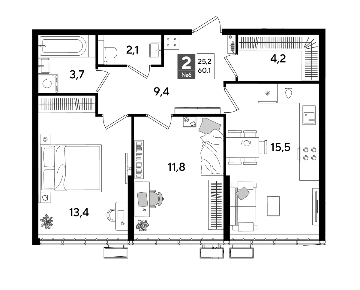2-комн. квартира 60,1 м² в ЖК «DОГМА ПАРК», Краснодар