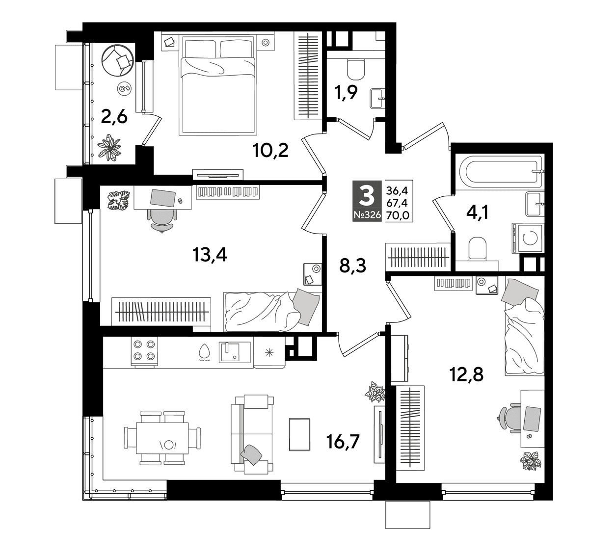 3-к, 70 м² · DОГМА ПАРК
