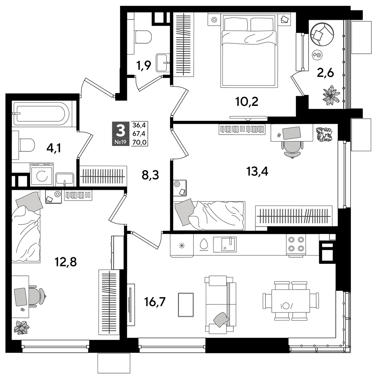 3-к, 70 м² · DОГМА ПАРК
