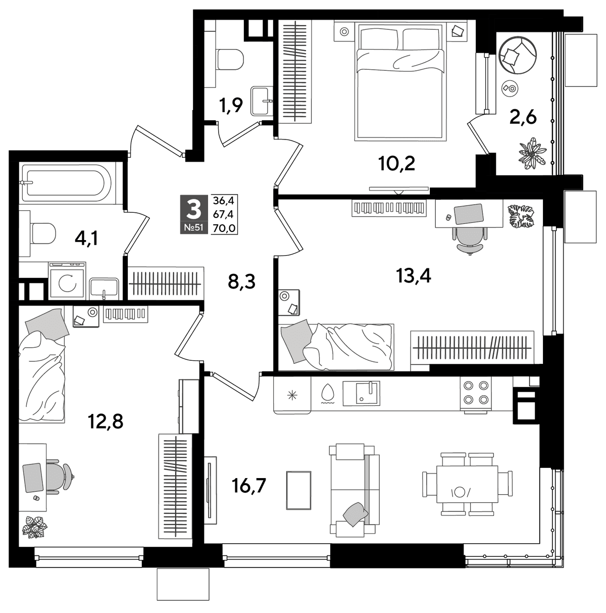 3-к, 70 м² · DОГМА ПАРК
