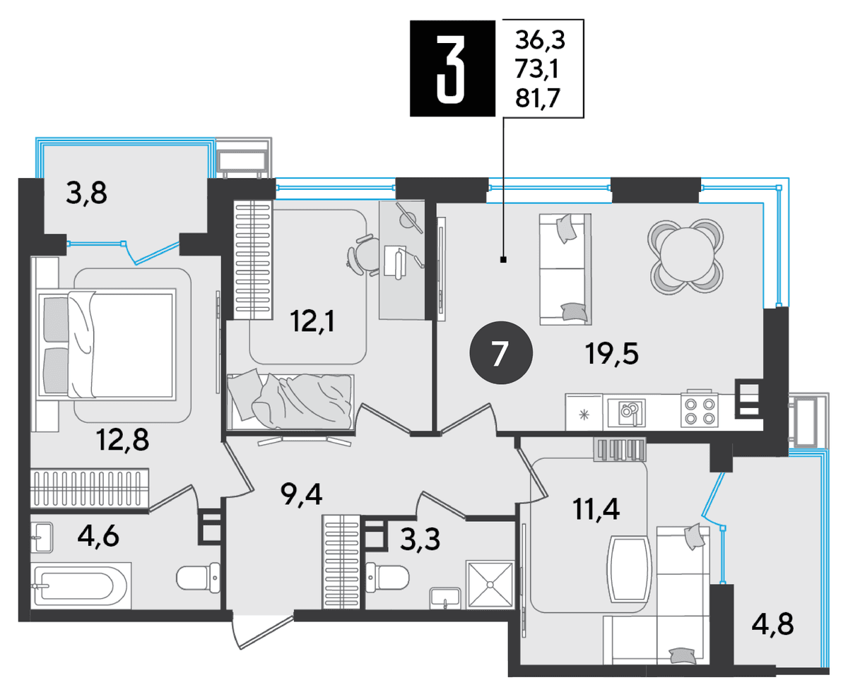 3-к, 81.7 м² · Парк Победы-2