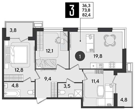 3-к, 82.4 м² · Парк Победы-2