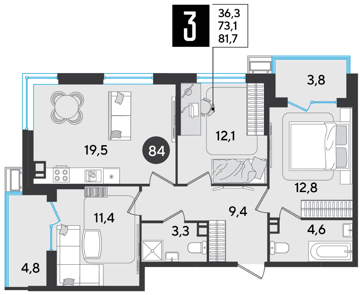 3-к, 81.7 м² · Парк Победы-2