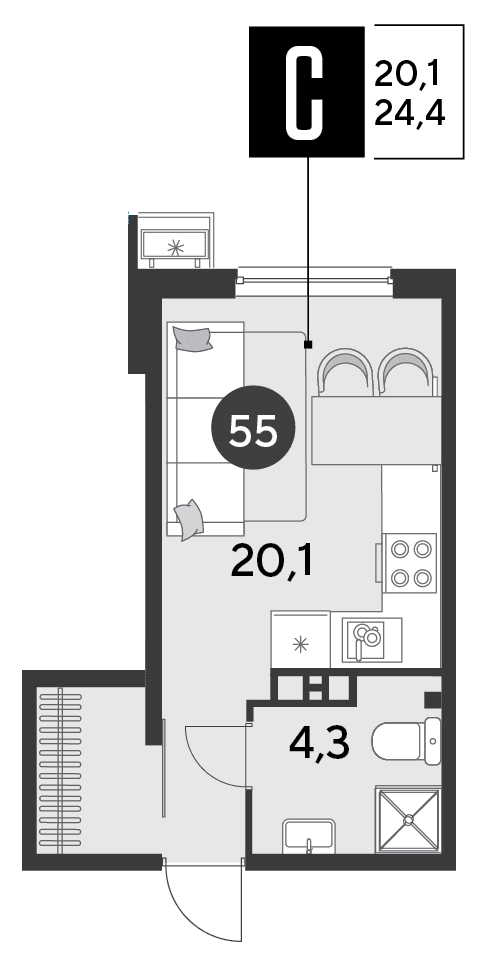 Студия, 24.4 м² · Парк Победы-2