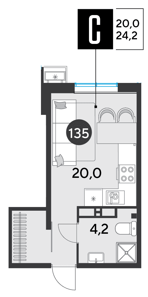 Студия, 24.2 м² · Парк Победы-2