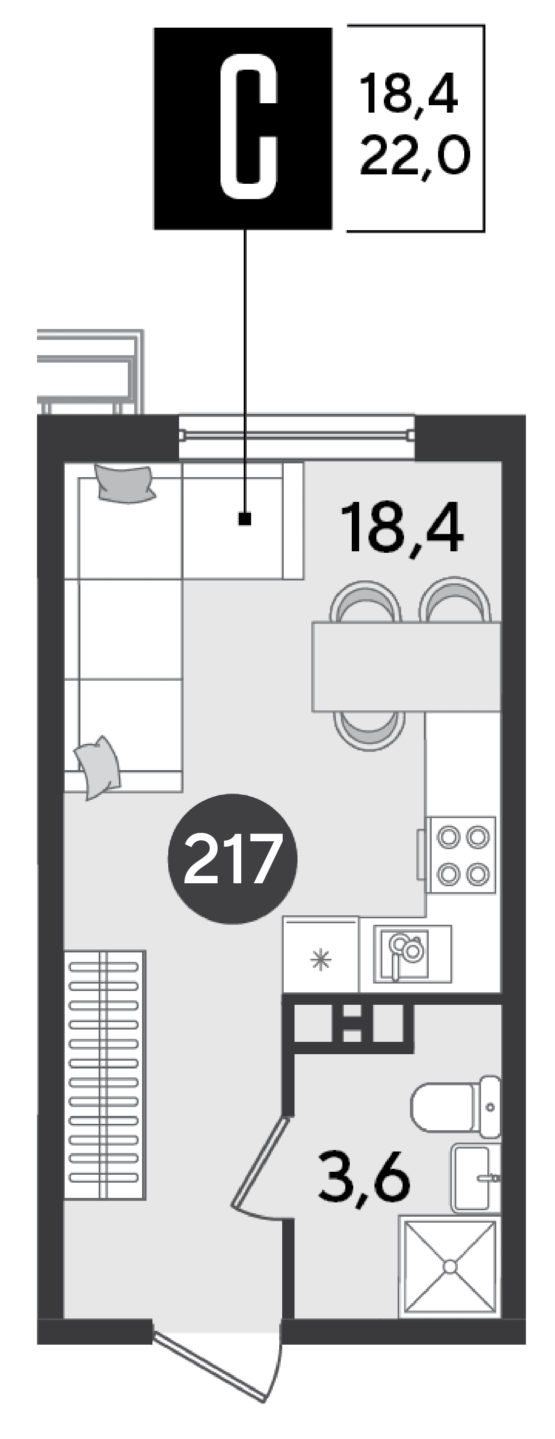 Студия, 22 м² · Парк Победы-2