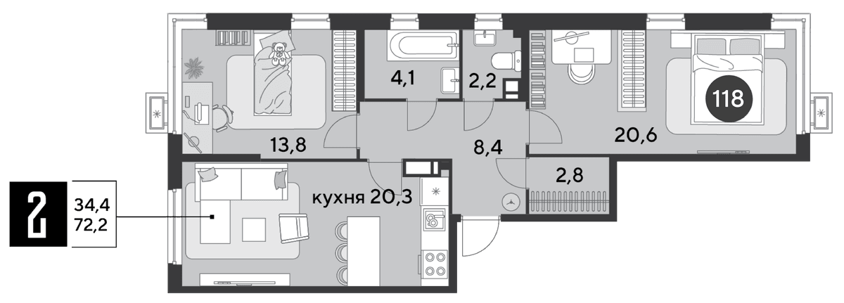 2-к, 72.2 м² · Парк Победы-2