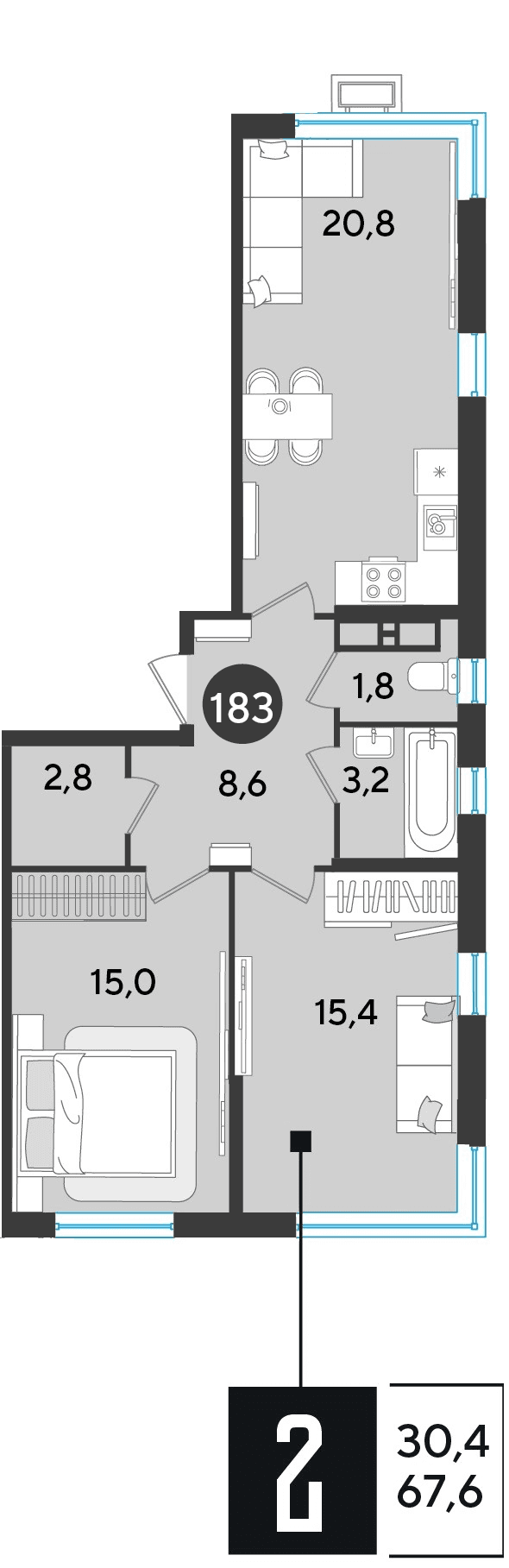 2-к, 67.6 м² · Парк Победы-2