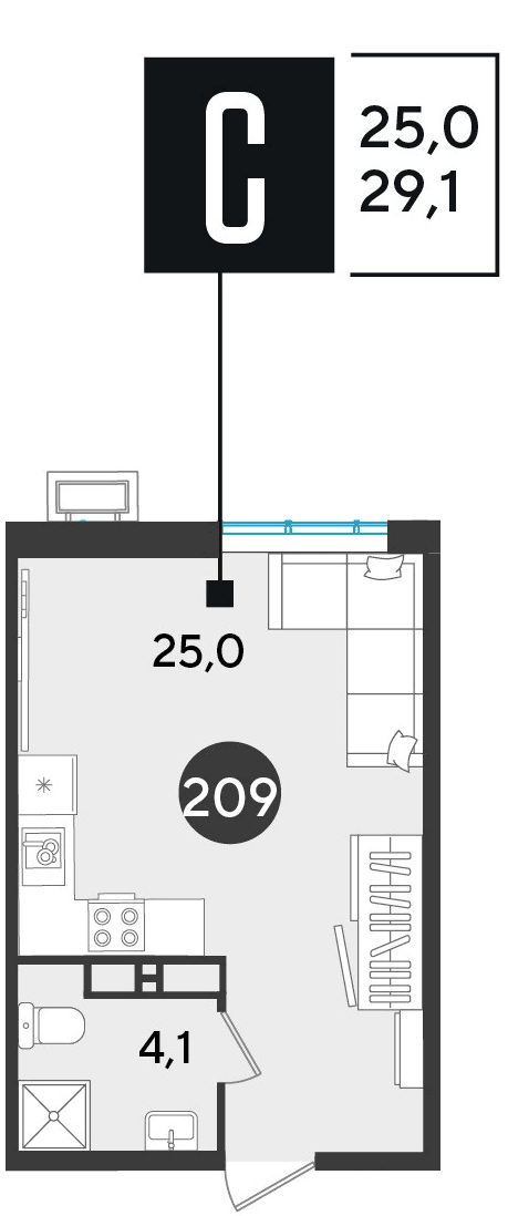 Студия, 29.1 м² · Парк Победы-2