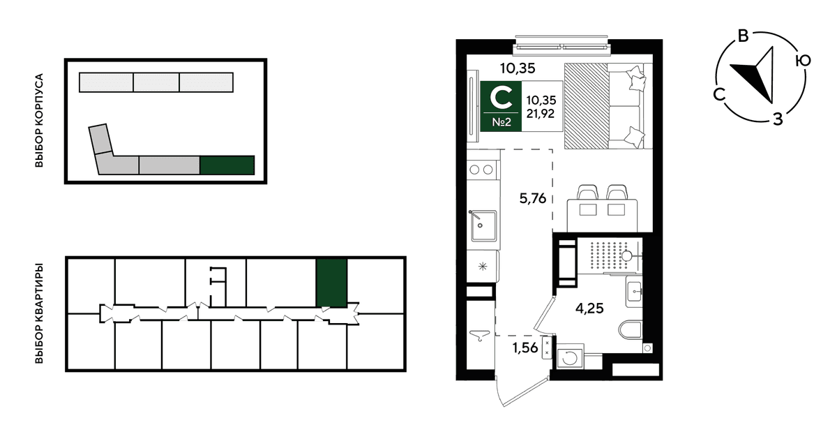 Студия, 21.92 м² · Парк Победы-3