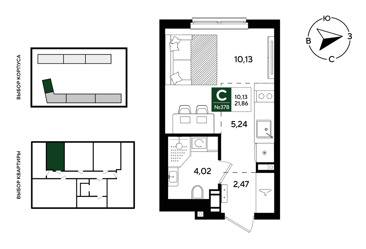 Студия, 21.86 м² · Парк Победы-3