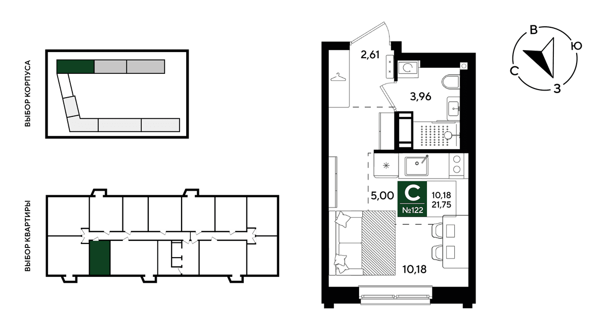 Студия, 21.75 м² · Парк Победы-3