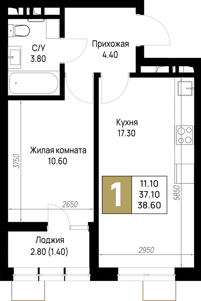 1-к, 38.6 м² · На Высоком берегу
