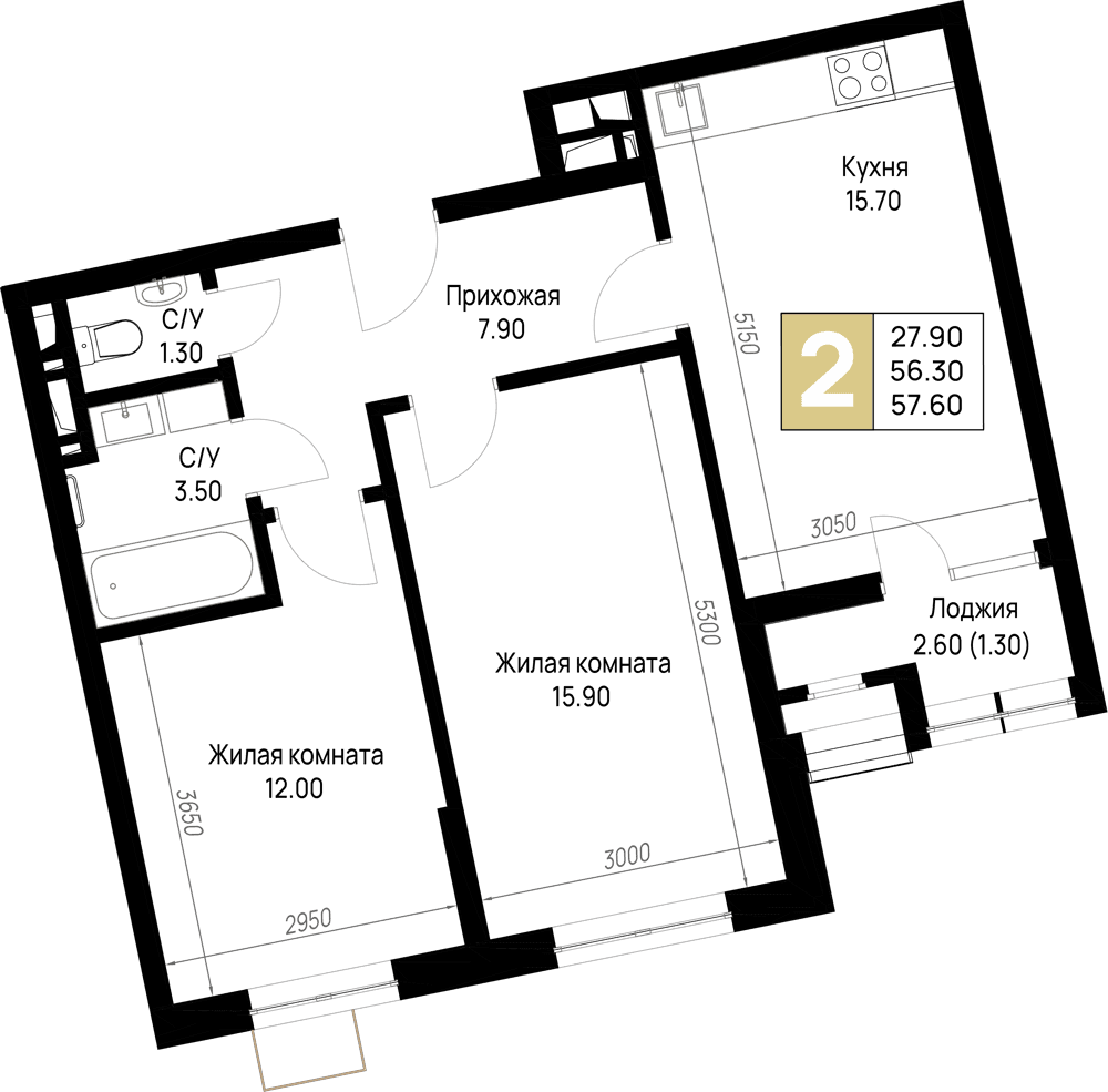 2-к, 57.6 м² · На Высоком берегу