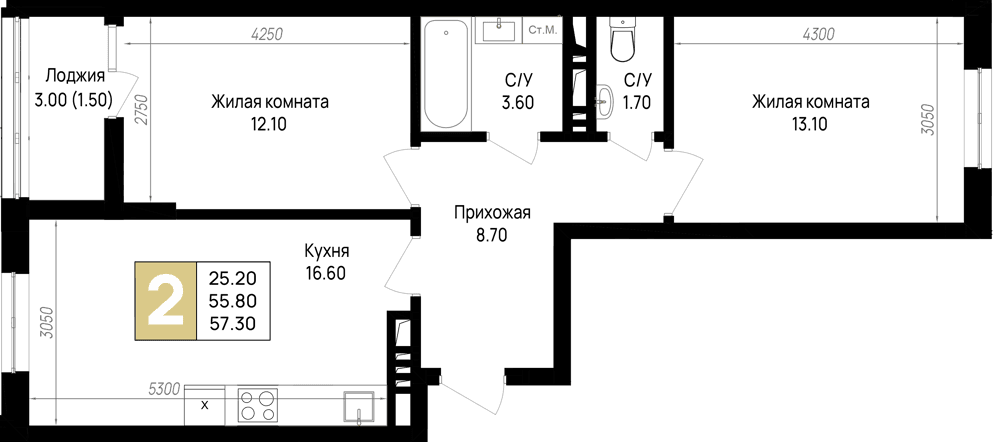 2-к, 57.3 м² · На Высоком берегу