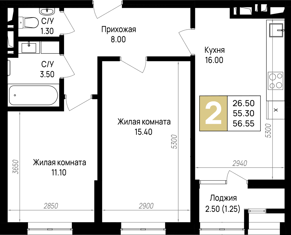 2-к, 56.55 м² · На Высоком берегу