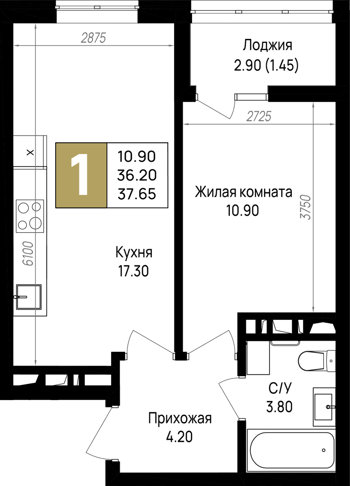 1-к, 37.65 м² · На Высоком берегу