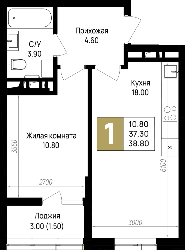 1-к, 38.8 м² · На Высоком берегу
