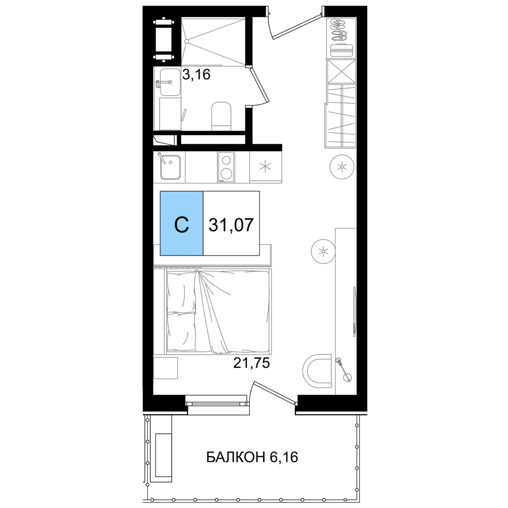 Студия, 31.07 м² · Корсаков