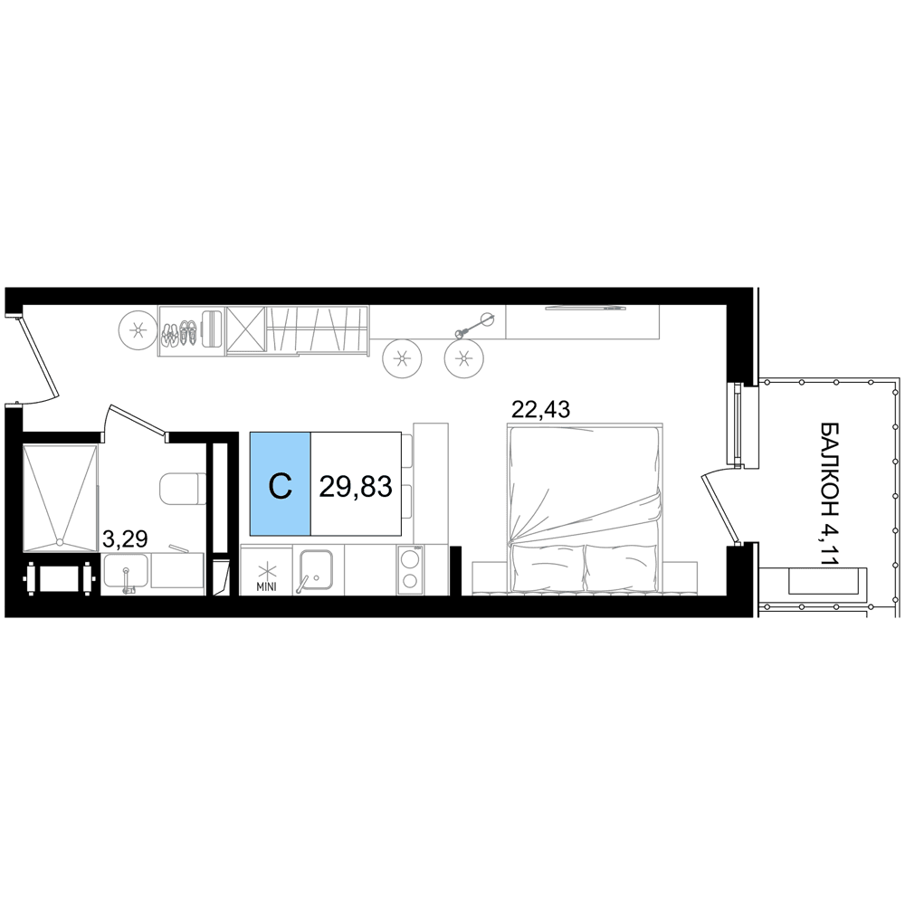 Студия, 29.83 м² · Корсаков