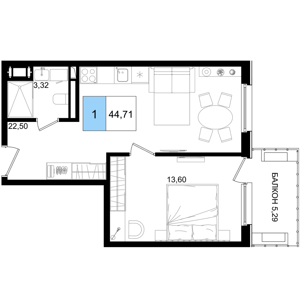 2-к, 44.7 м² · Корсаков