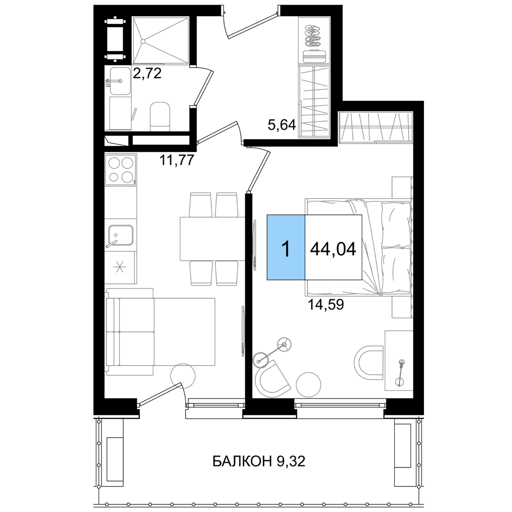 2-к, 44.04 м² · Корсаков