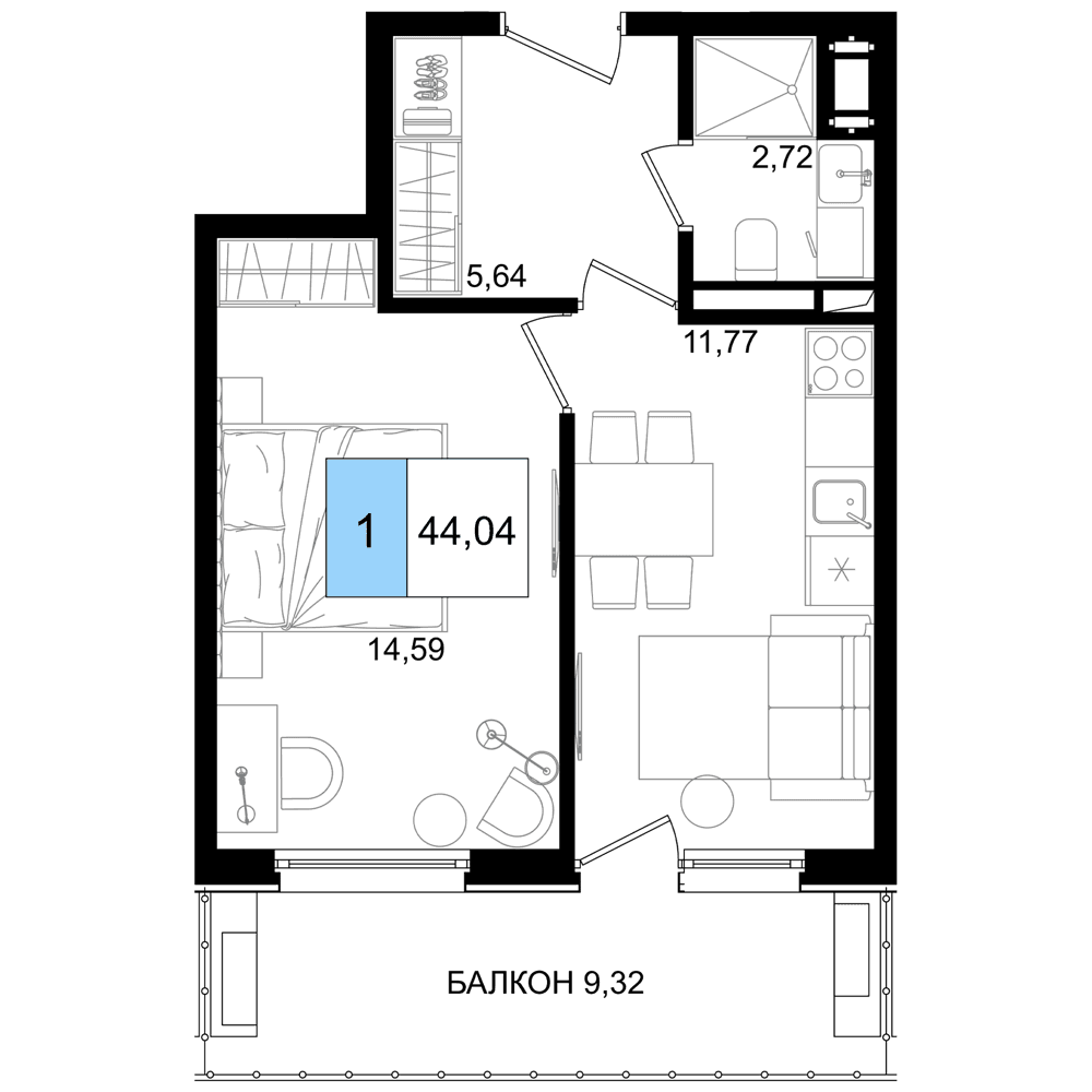 2-к, 44.04 м² · Корсаков